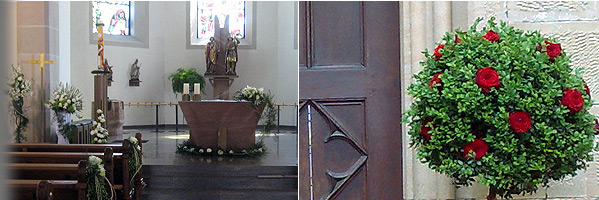 linkes Bild: Kirchenschmuck zur Hochzeit weiß, grün; rechtes Bild: Buchskugel mit roten Rosen