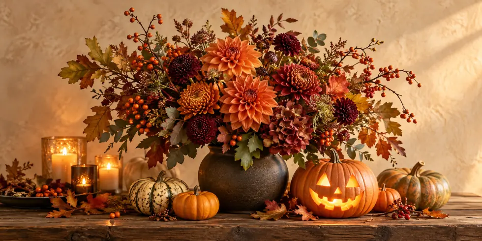 Herbstliches Blumenarrangement mit orangefarbenen Blüten, Kürbissen und leuchtendem Halloween-Kürbis